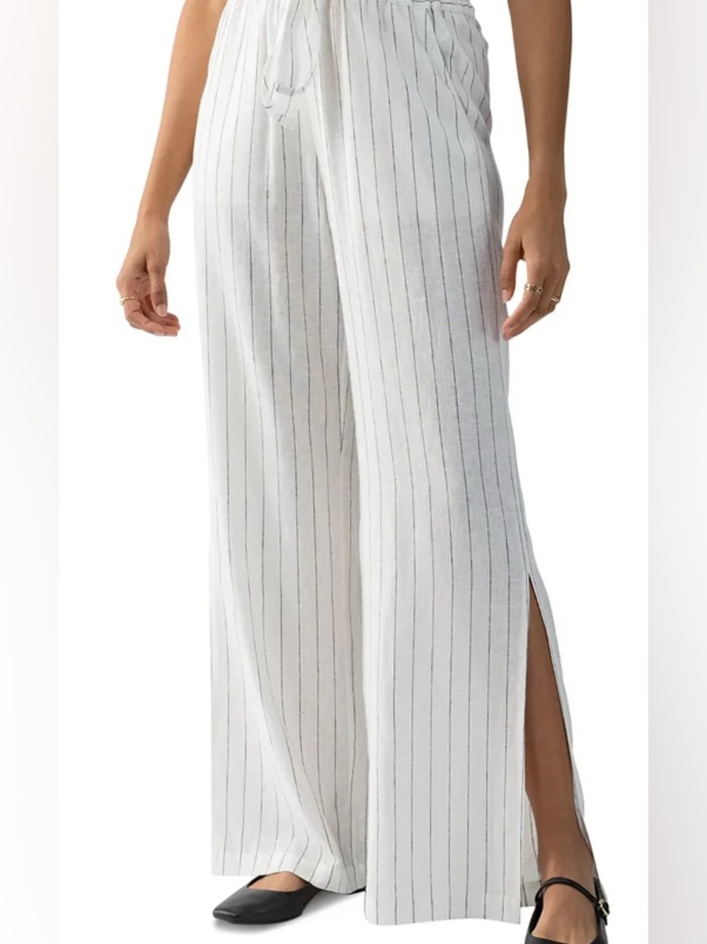 Sanctuary White/Black Pinstripe Linen Drawstring Pants w/ Side Leg Slits: Small